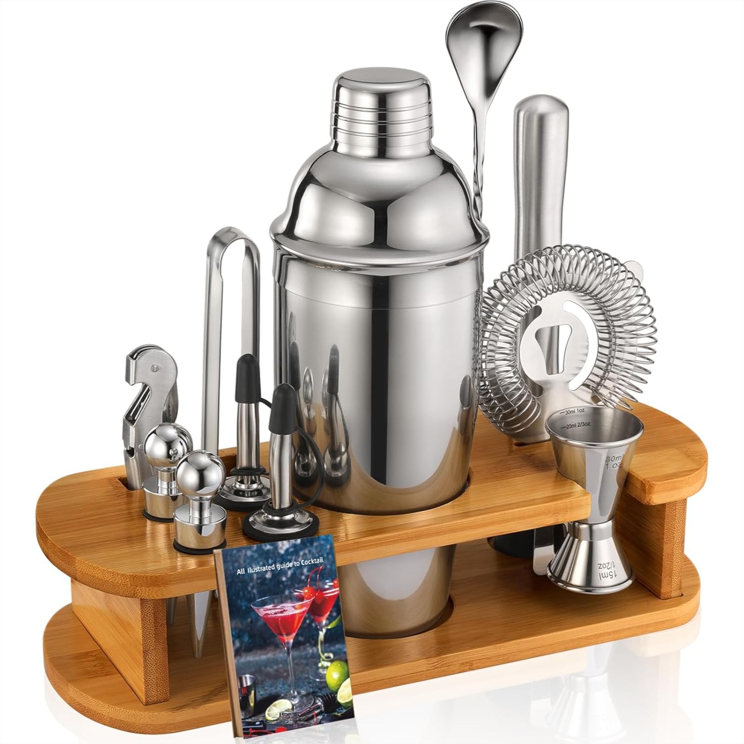 Cocktail Recipe Book - 13-Piece Cocktail Shaker Set With Bamboo